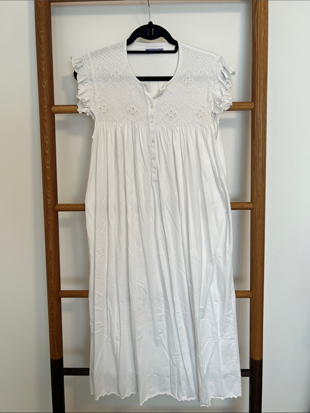 p.jamas White 100% Pima Cotton Smocked Short Sleeve Nightgown - Size S